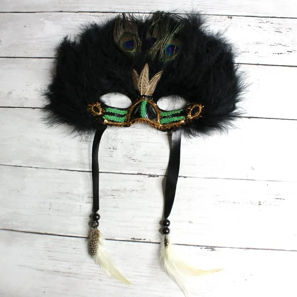 Masquerade Face Mask Peacock Feather Plumes Venetian Mardi Gras Costume